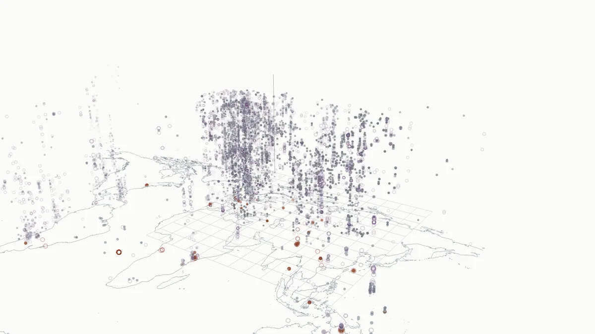 A map of Eurasia standing up in three dimensions: every dated ancient person is a dot at their find-spot, raised by how long ago they lived. A front comes down through the dates and the field fills, oldest first, from a handful of people 185,000 years ago to 17,540 today.