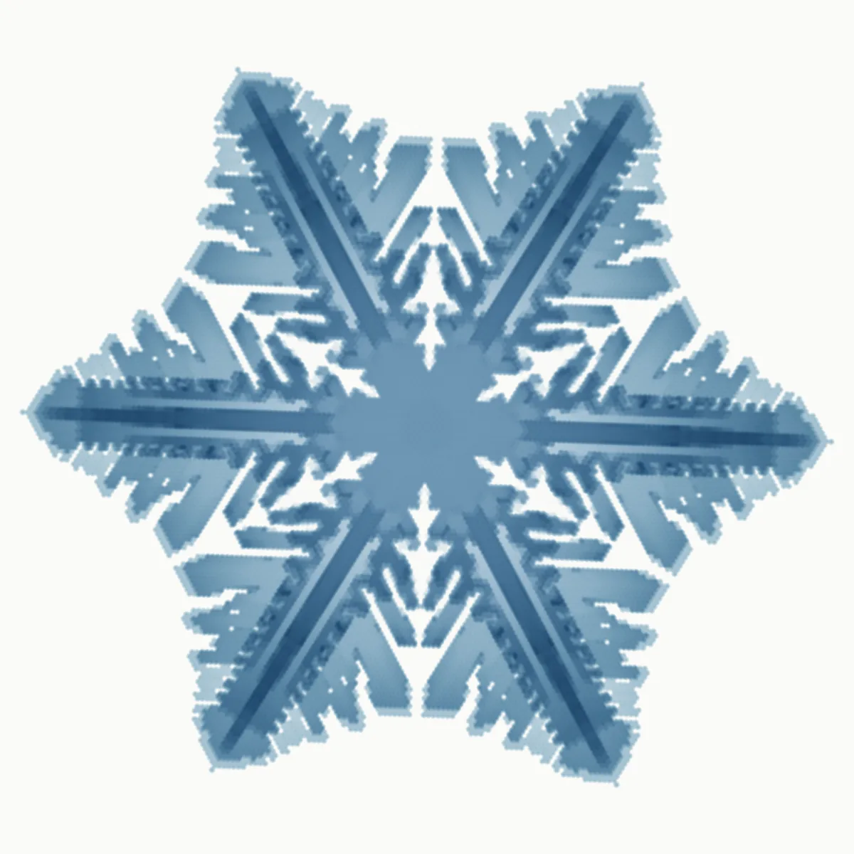 A snow crystal seen from above, a six-armed star whose arms carry side branches. It shrinks back to a small hexagon of ice and grows again, the arms reaching out and branching as they go, the newest ice standing out most.
